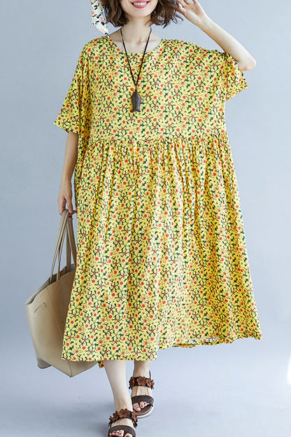 French o neck Cinched cotton dress 2025 design yellow print A Line Dresses Summer