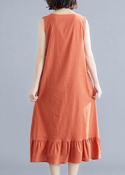 French orange linen cotton quilting clothes o neck sleeveless Love summer Dress - SooLinen