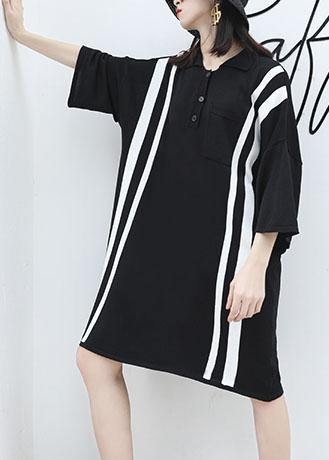 French patchwork big pockets Cotton clothes For Women Neckline black Dress summer - SooLinen