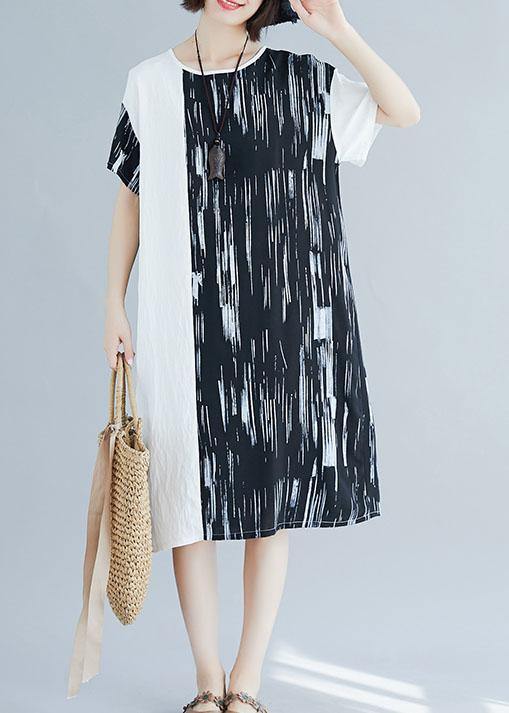 French patchwork cotton linen clothes Women pattern black Dresses summer - SooLinen
