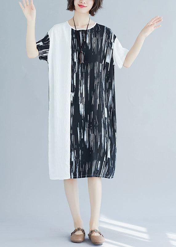 French patchwork cotton linen clothes Women pattern black Dresses summer - SooLinen