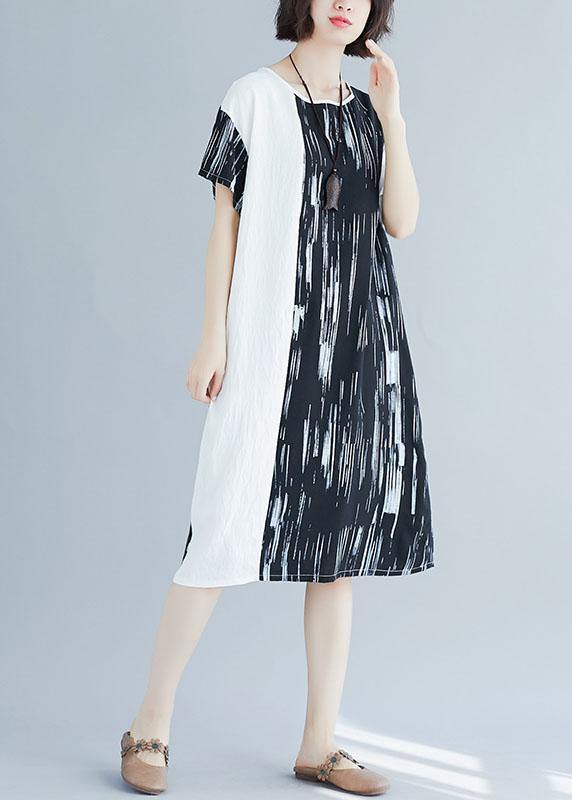 French patchwork cotton linen clothes Women pattern black Dresses summer - SooLinen