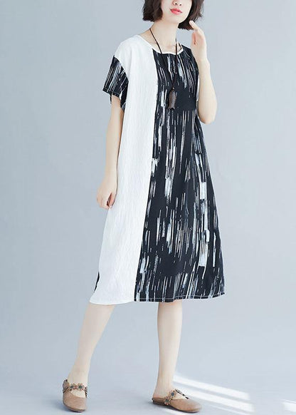 French patchwork cotton linen clothes Women pattern black Dresses summer - SooLinen