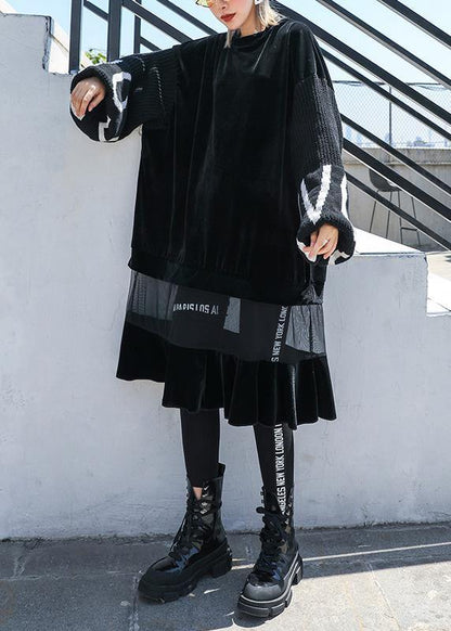 French patchwork tulle quilting clothes Sewing black Plus Size Dresses - SooLinen