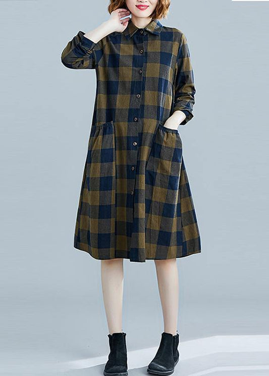 French plaid Cotton clothes Women lapel pockets daily spring Dresses - SooLinen