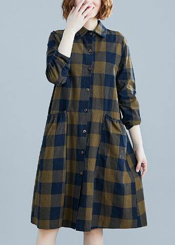 French plaid Cotton clothes Women lapel pockets daily spring Dresses - SooLinen