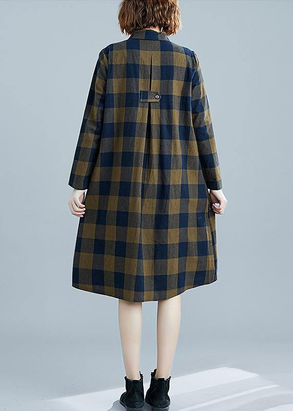 French plaid Cotton clothes Women lapel pockets daily spring Dresses - SooLinen