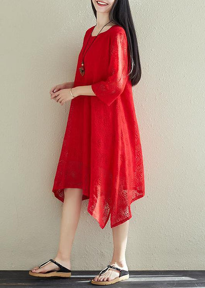 French red cotton outfit Fine pattern asymmetric hem Dresses summer Dress - SooLinen