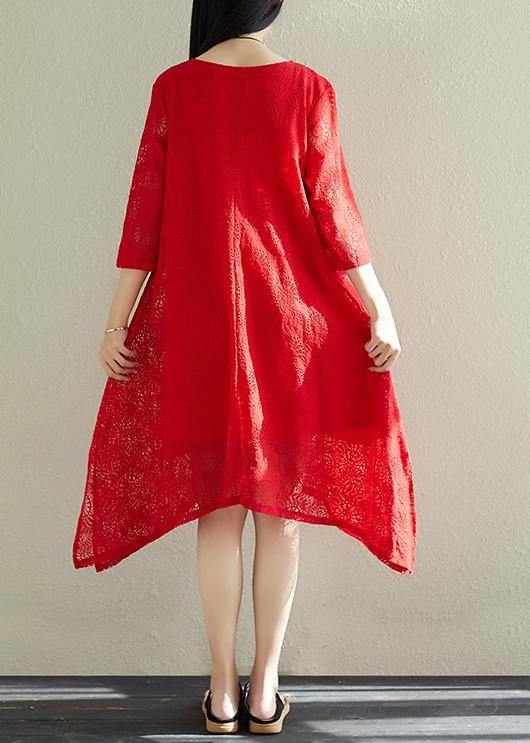 French red cotton outfit Fine pattern asymmetric hem Dresses summer Dress - SooLinen