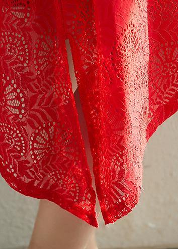 French red cotton outfit Fine pattern asymmetric hem Dresses summer Dress - SooLinen