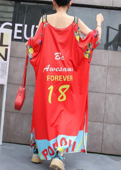 French red off the shoulder Cotton clothes side open  oversized summer Dresses - SooLinen