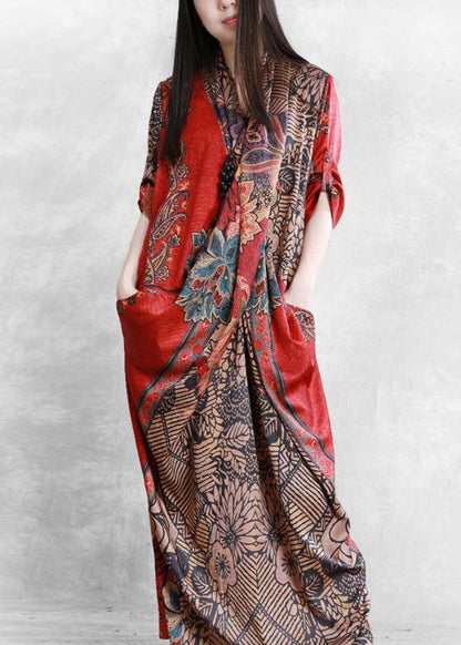 French red print clothes For Women v neck patchwork Plus Size Dresses - SooLinen