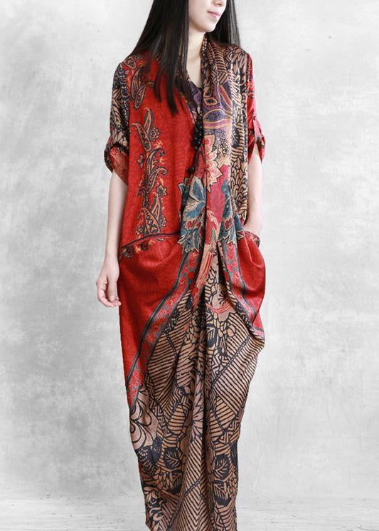 French red print clothes For Women v neck patchwork Plus Size Dresses - SooLinen