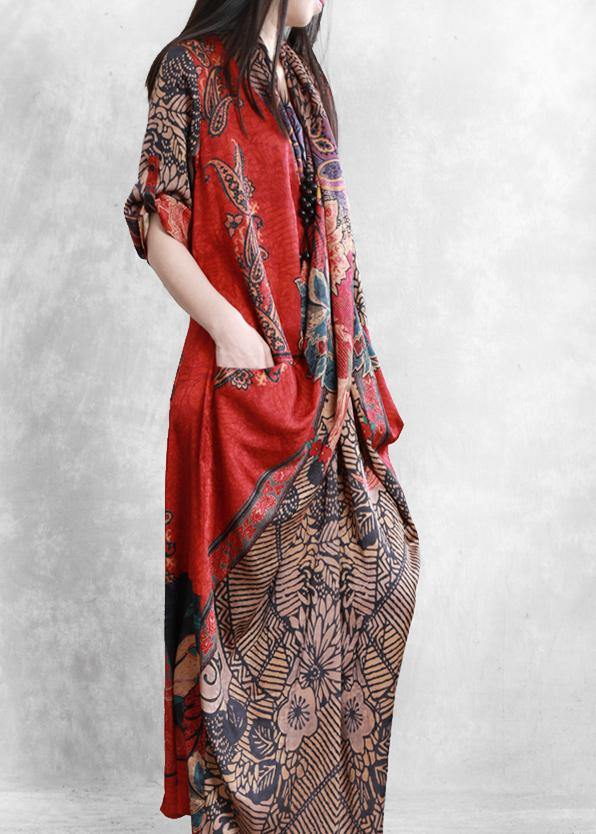 French red print clothes For Women v neck patchwork Plus Size Dresses - SooLinen