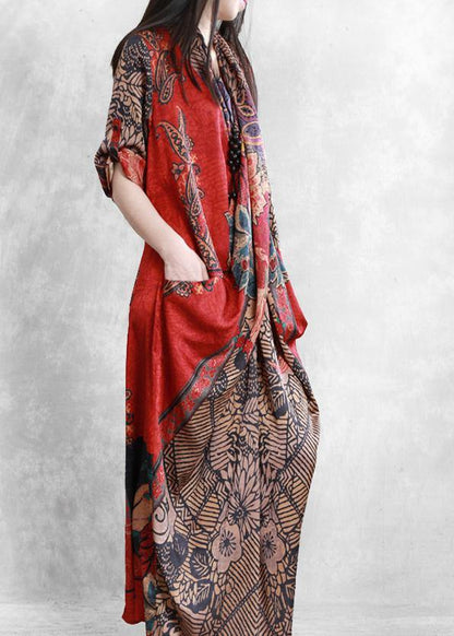 French red print clothes For Women v neck patchwork Plus Size Dresses - SooLinen