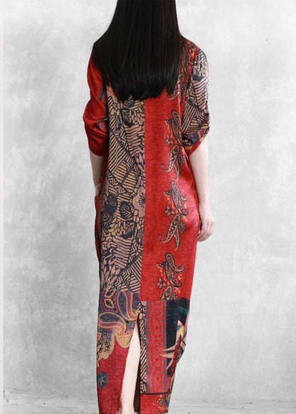 French red print clothes For Women v neck patchwork Plus Size Dresses - SooLinen