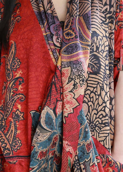 French red print clothes For Women v neck patchwork Plus Size Dresses - SooLinen