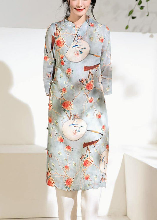 French side Chinese Button linen stand collar clothes Runway light blue Dresses - SooLinen