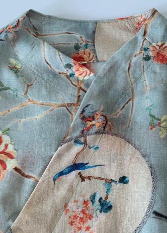 French side Chinese Button linen stand collar clothes Runway light blue Dresses - SooLinen