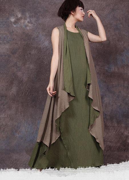 French sleeveless linen Long Shirts Runway green outwear summer - SooLinen