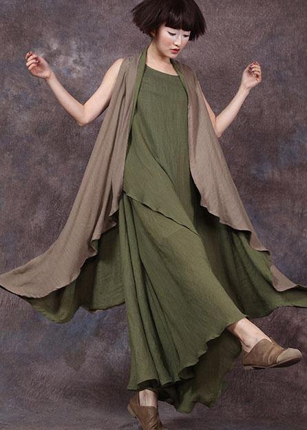 French sleeveless linen Long Shirts Runway green outwear summer - SooLinen
