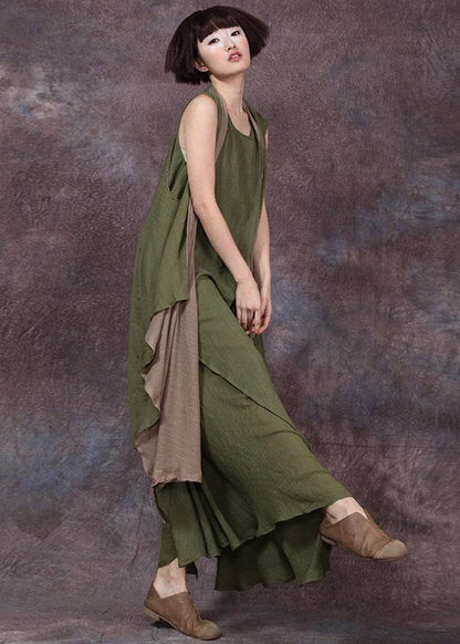 French sleeveless linen Long Shirts Runway green outwear summer - SooLinen