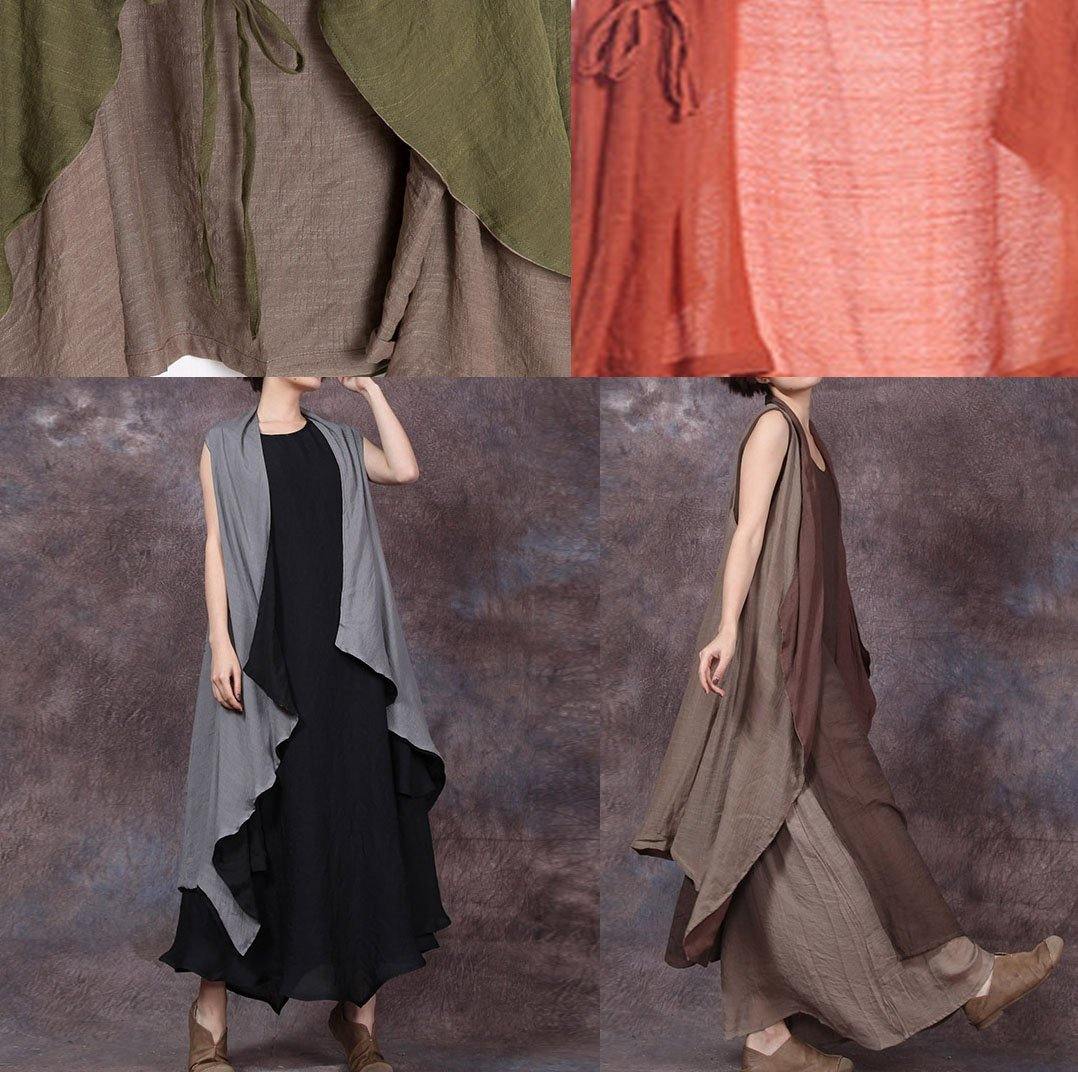 French sleeveless linen Long Shirts Runway green outwear summer - SooLinen