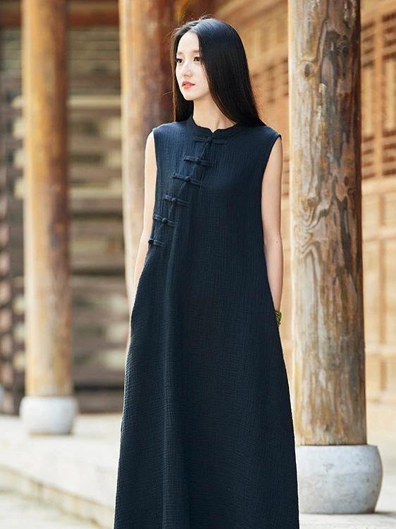 French stand collar Chinese Button cotton linen summer dress Neckline black Dress - SooLinen