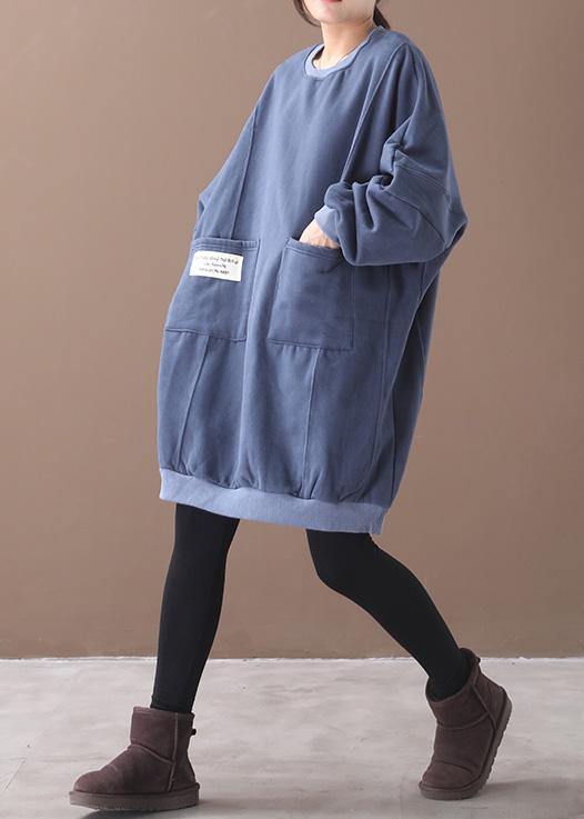 French two pockets Cotton o neck tunics for women Sewing blue Dress - SooLinen