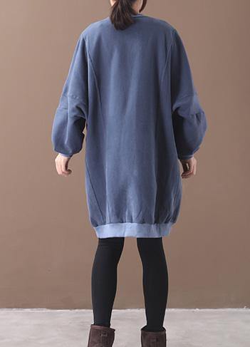 French two pockets Cotton o neck tunics for women Sewing blue Dress - SooLinen