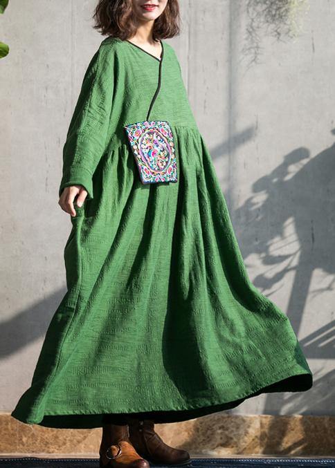 2021 French Green v neck embroidery cotton linen Dress summer - SooLinen