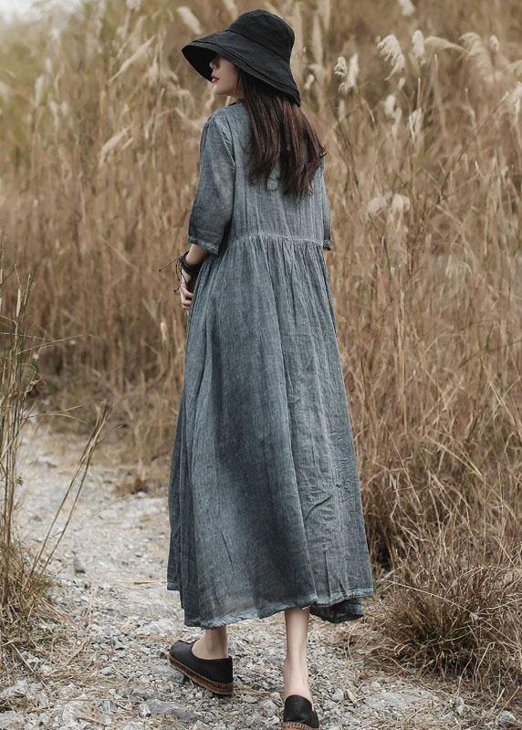 French v neck linen clothes For Women Catwalk gray Dress summer - SooLinen