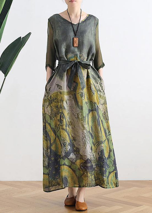 French v neck pockets linen summer outfit Fabrics blue print Dress - SooLinen