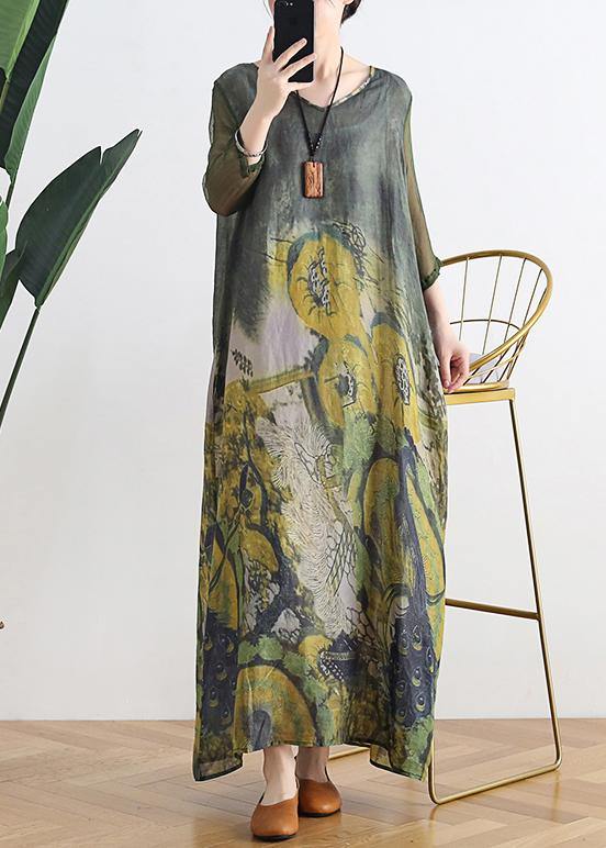 French v neck pockets linen summer outfit Fabrics blue print Dress - SooLinen