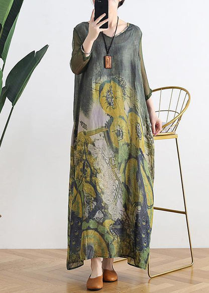 French v neck pockets linen summer outfit Fabrics blue print Dress - SooLinen