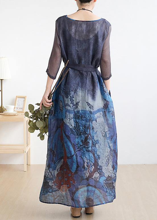 French v neck pockets linen summer outfit Fabrics blue print Dress - SooLinen