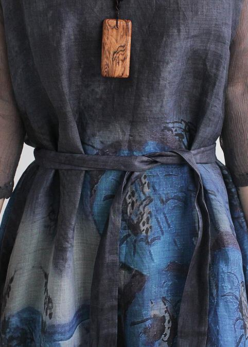 French v neck pockets linen summer outfit Fabrics blue print Dress - SooLinen