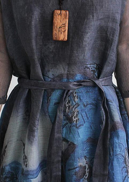 French v neck pockets linen summer outfit Fabrics blue print Dress - SooLinen