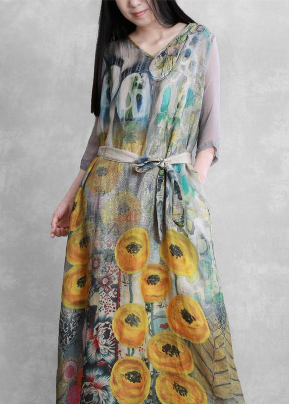 French v neck tie waist  clothes Photography yellow print Dress - SooLinen