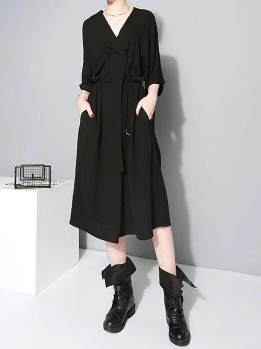 French v neck tie waist cotton clothes For Women Neckline black Robe Dresses - SooLinen
