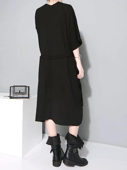 French v neck tie waist cotton clothes For Women Neckline black Robe Dresses - SooLinen