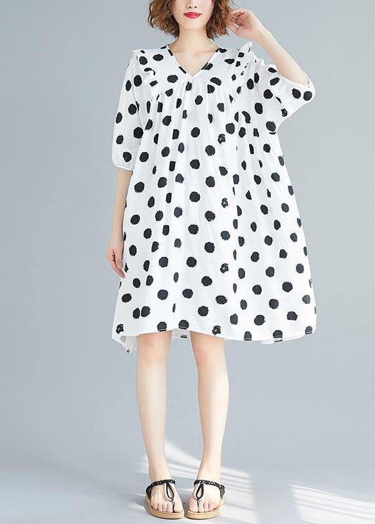 French v neck Cinched Tunics Shirts white dotted Dress summer - SooLinen