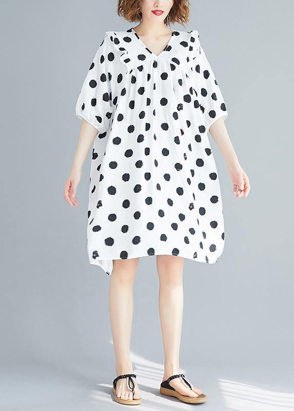 French v neck Cinched Tunics Shirts white dotted Dress summer - SooLinen