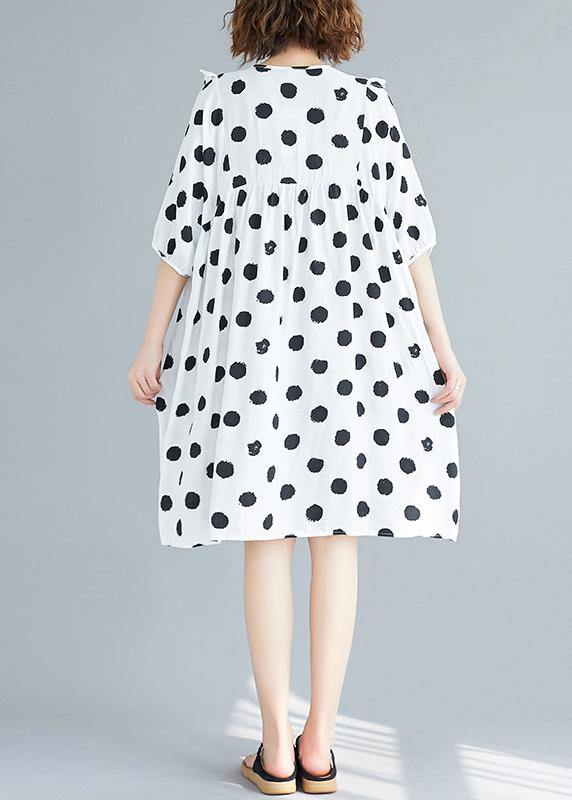 French v neck Cinched Tunics Shirts white dotted Dress summer - SooLinen