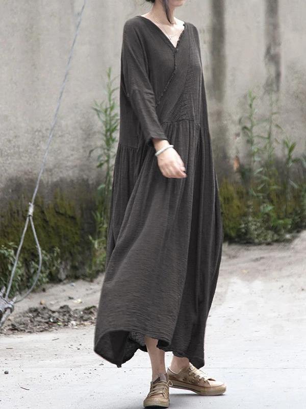 French v neck Cinched cotton linen dress Tutorials gray Dress - SooLinen