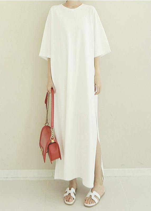 French white cotton quilting clothes o neck side open Maxi Dresses - SooLinen