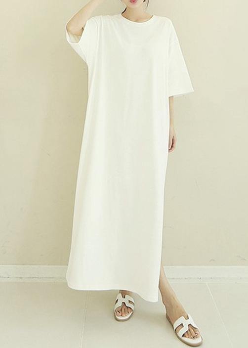 French white cotton quilting clothes o neck side open Maxi Dresses - SooLinen