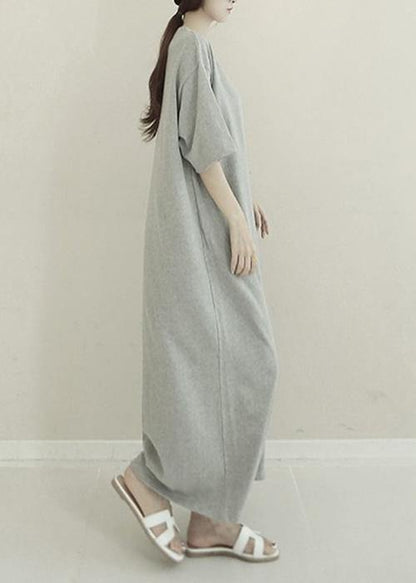 French white cotton quilting clothes o neck side open Maxi Dresses - SooLinen