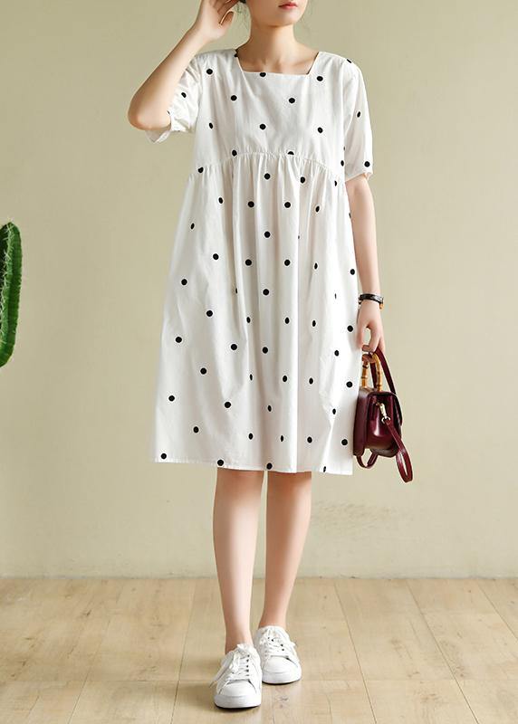 French white dotted clothes Women Square Collar shift Dresses - SooLinen