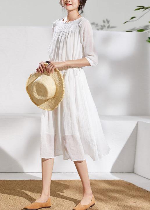 French white linen clothes For Women o neck half sleeve Midi summer Dress - SooLinen